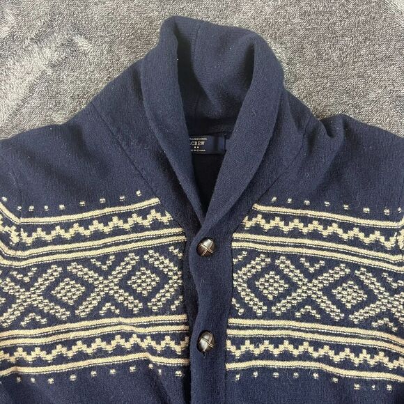 J. Crew 100% Lambswool Collared Cardigan Navy Blue Fair Isle Men's M Fisherman - Picture 2 of 10